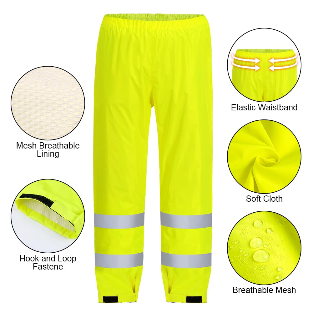 AUYAO Spodnie o wysokiej widoczności, dwuwarstwowe spodnie przeciwdeszczowe Hi-Vis, odblaskowe i wodoodporne spodnie przeciwdeszczowe, męskie i damskie spodnie robocze na zewnątrz
