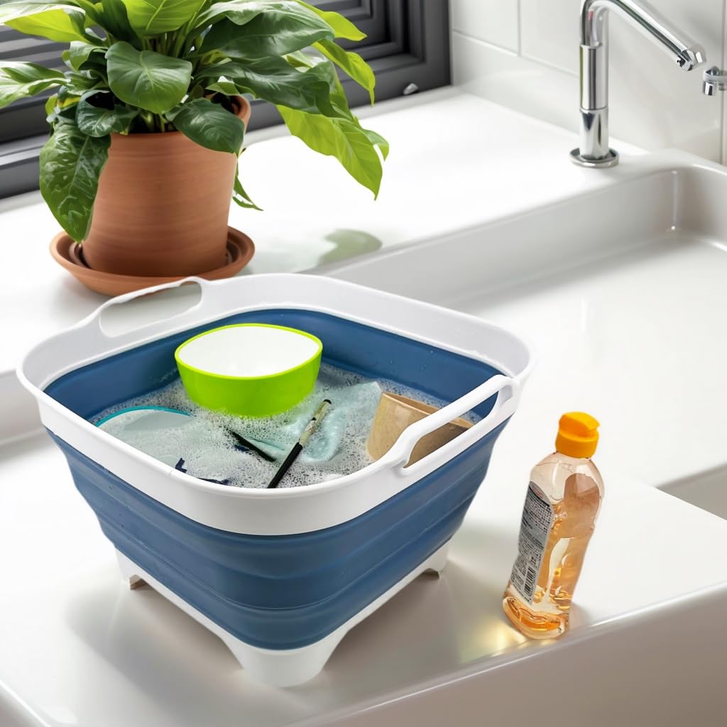 SAMMART 10L Pelle Pliable avec Bouchon de Vidange - Lavabo Pliable - Cuve à Vaisselle Portable - Gain de Place (Blanc/Bleu Métallisé)
