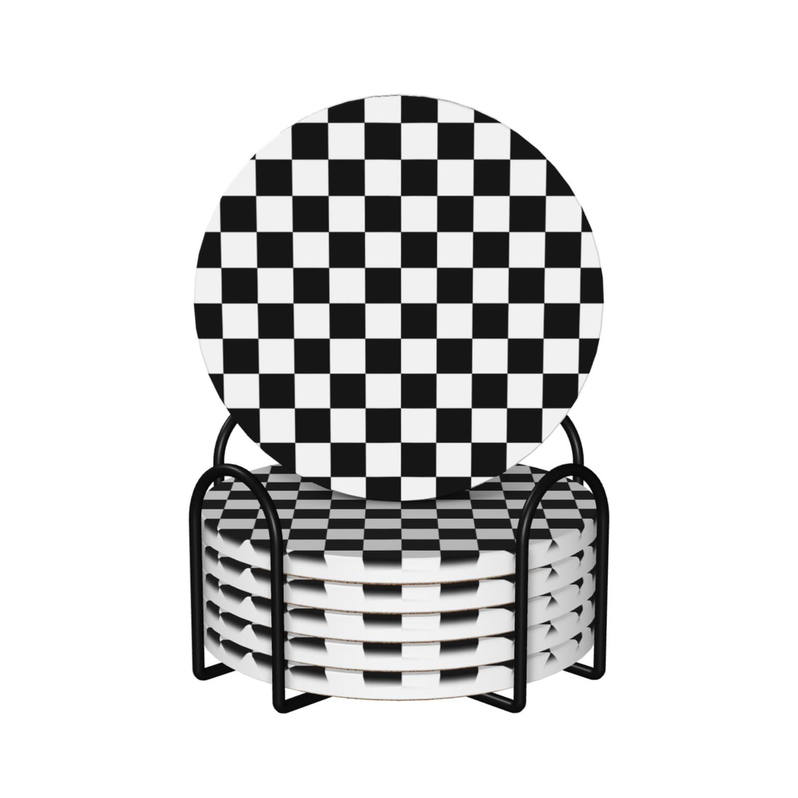Black White Checkered Round Bar Coasters for Drinks,Absorbent Ceramic Stone Set of 6 Cup Coaster for Coffee Table Protection with Cork Base,