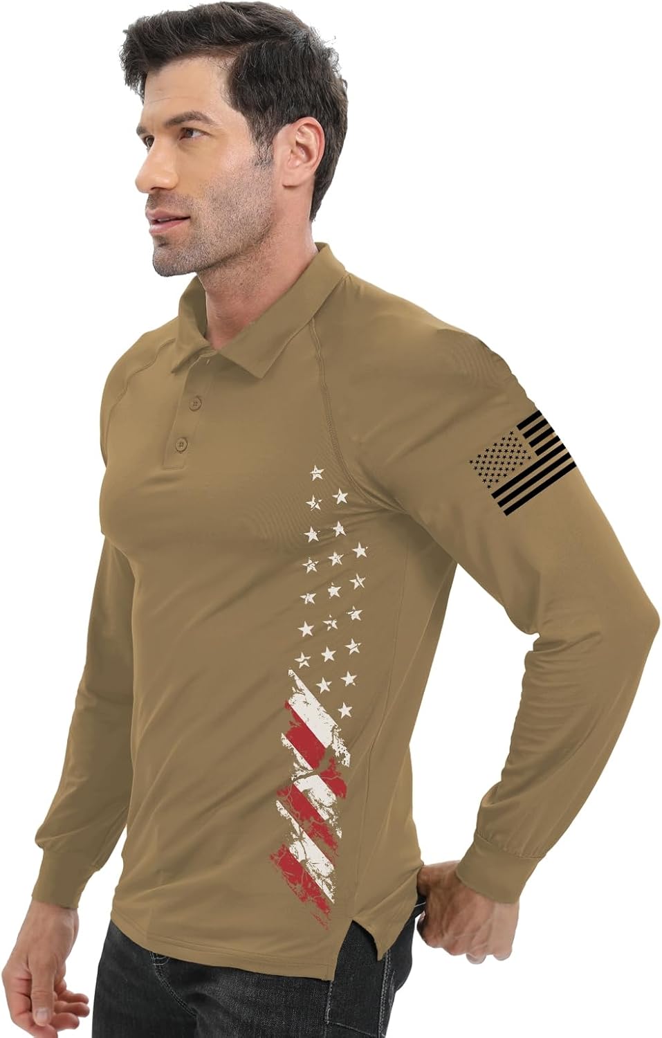 H HYFOL Long Sleeve Polo Shirts for Men Graphic Stretch Casual American Patriotic Raglan Golf Polos for Men - Image 4