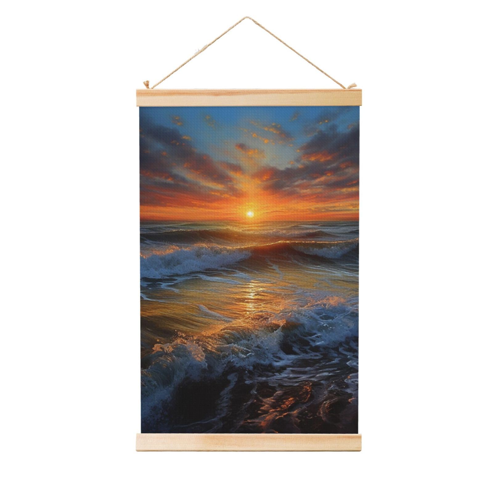 Sunset Seascape Poster Wooden Shaft Hanging Poster Wall Hanging Banner Canvas Artwork with Wood Frames 36"x24" Modern Artwork Decor Ready to Hang Wall Art for Home Decor Scroll Painting