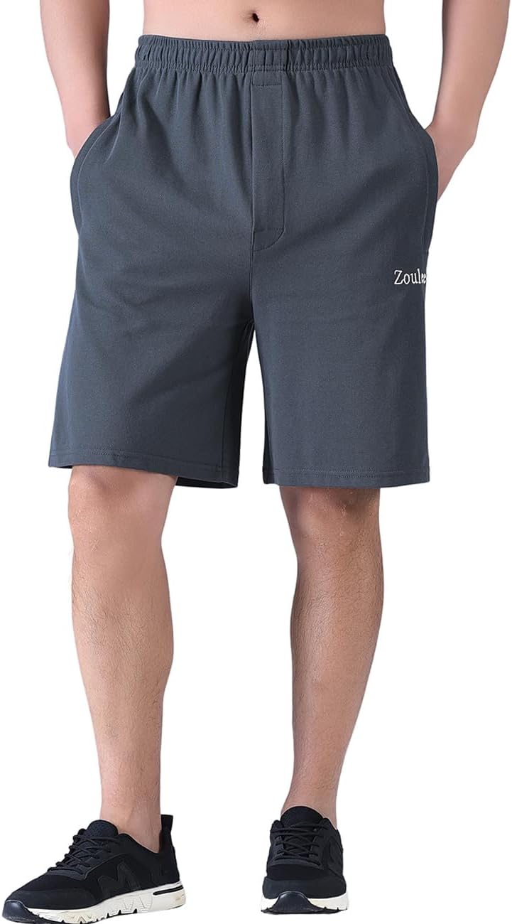 Zoulee Men's 9-inch Loose-Fit Cotton Sports Shorts with Front Fly and Zippered Pockets