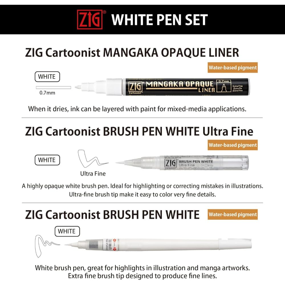 Kuretake ZIG INKTOBER SPECIAL - Juego de 3 bolígrafos ZIG, color blanco, IKTB-24/3V