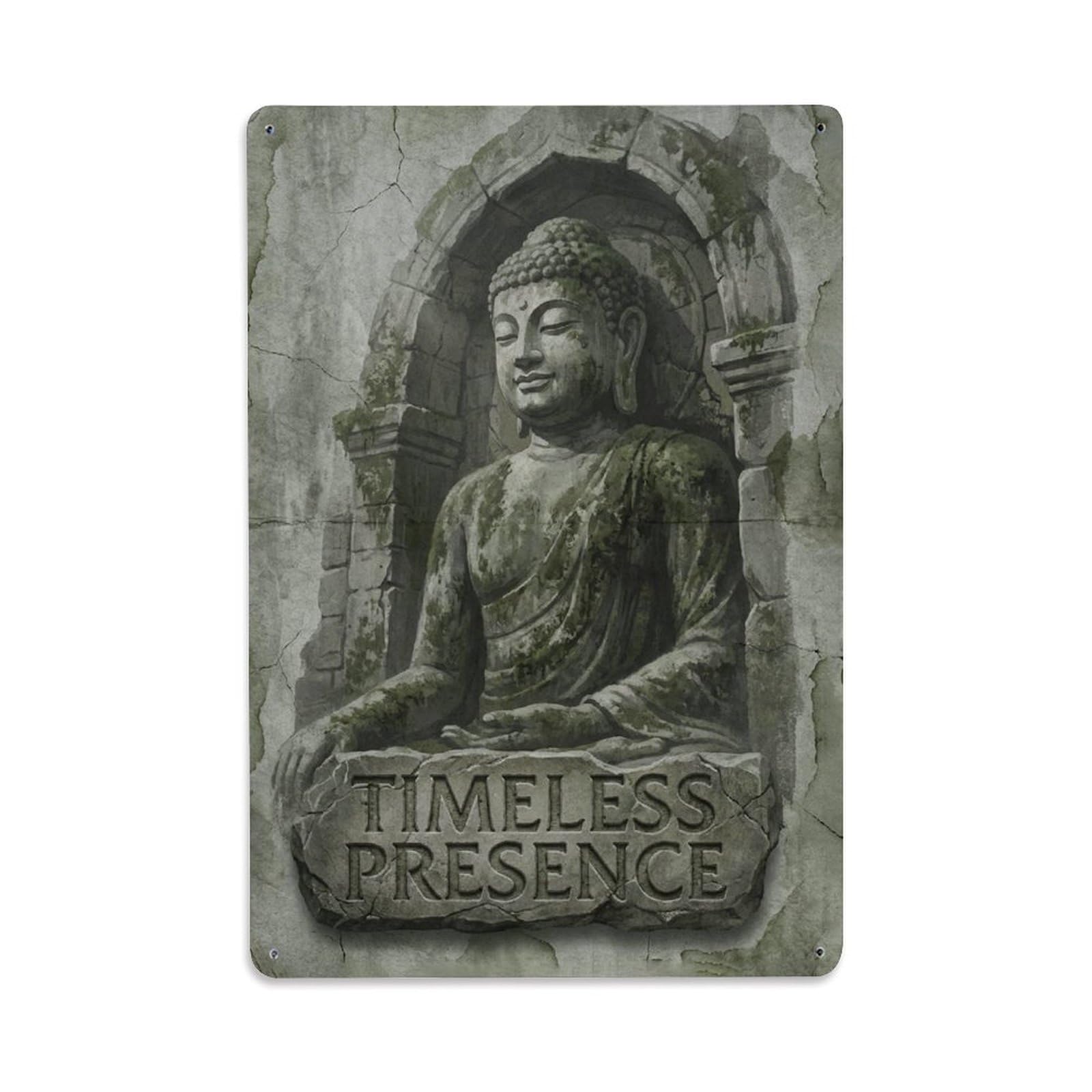 Temple Relief Timeless Meditation Stone Buddha Aesthetic Metal Tin Sign Plaque Wall Decor for Cafe, Man Cave, Club Bar, Office, Home Garden Round Metal Poster 8x12Inch