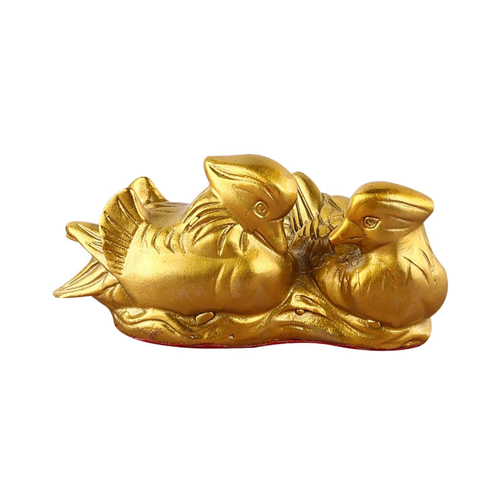 Twisaxc Gold Handcrafted Mandarin Ducks Figurine Elegant Brass Room Decor Office Mandarin Duck Figurine Yuan Yang Sculpture, 11Cm