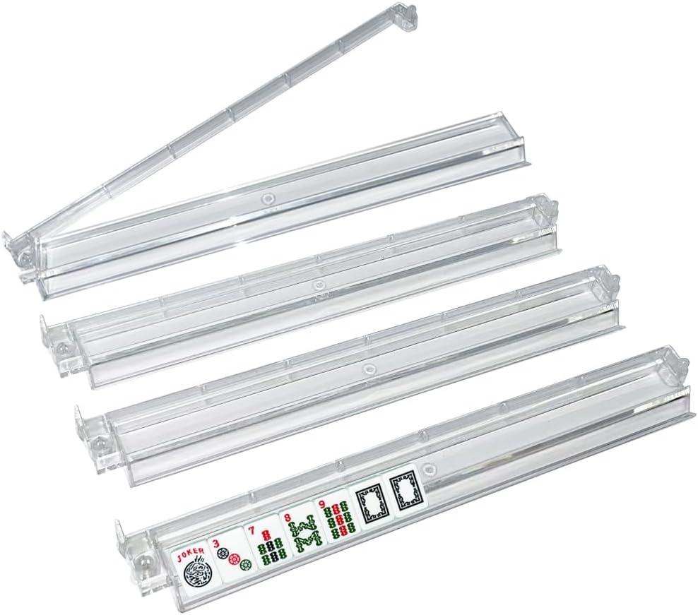 Fun&H All-in-one Mahjong Rack with Pusher, 4 PCS Clear Acrylic Majiang Tile Racks, Mahjong Racks with Built-in Pushers