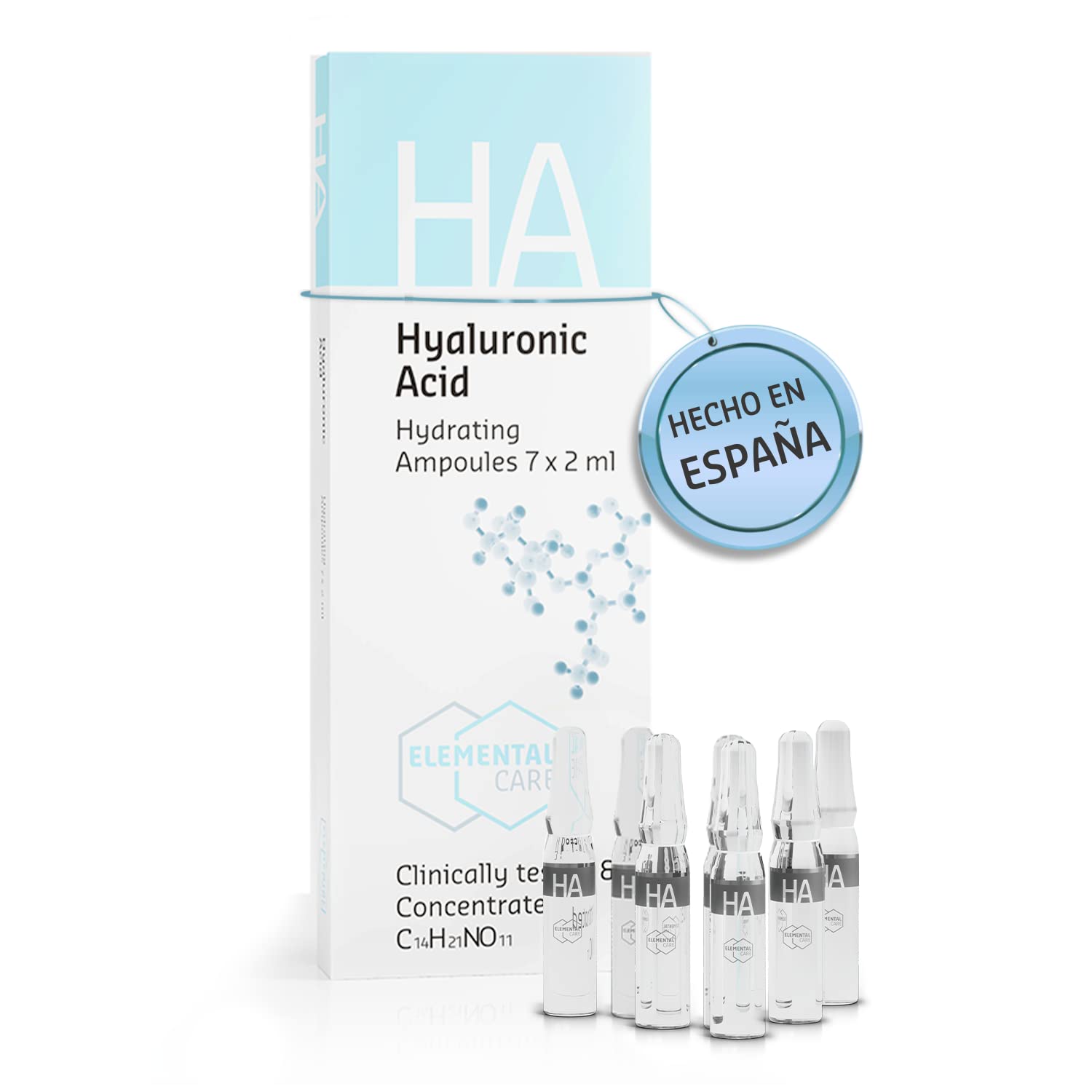 Ampollas Flash Efecto Lifting Inmediato – Acido Hialuronico Serum Facial - 7 x 2 ml (+155% HIDRATACION en 1h) - Piel Joven, Rellena y Suave – Cara y Contorno de Ojos - Elemental Care