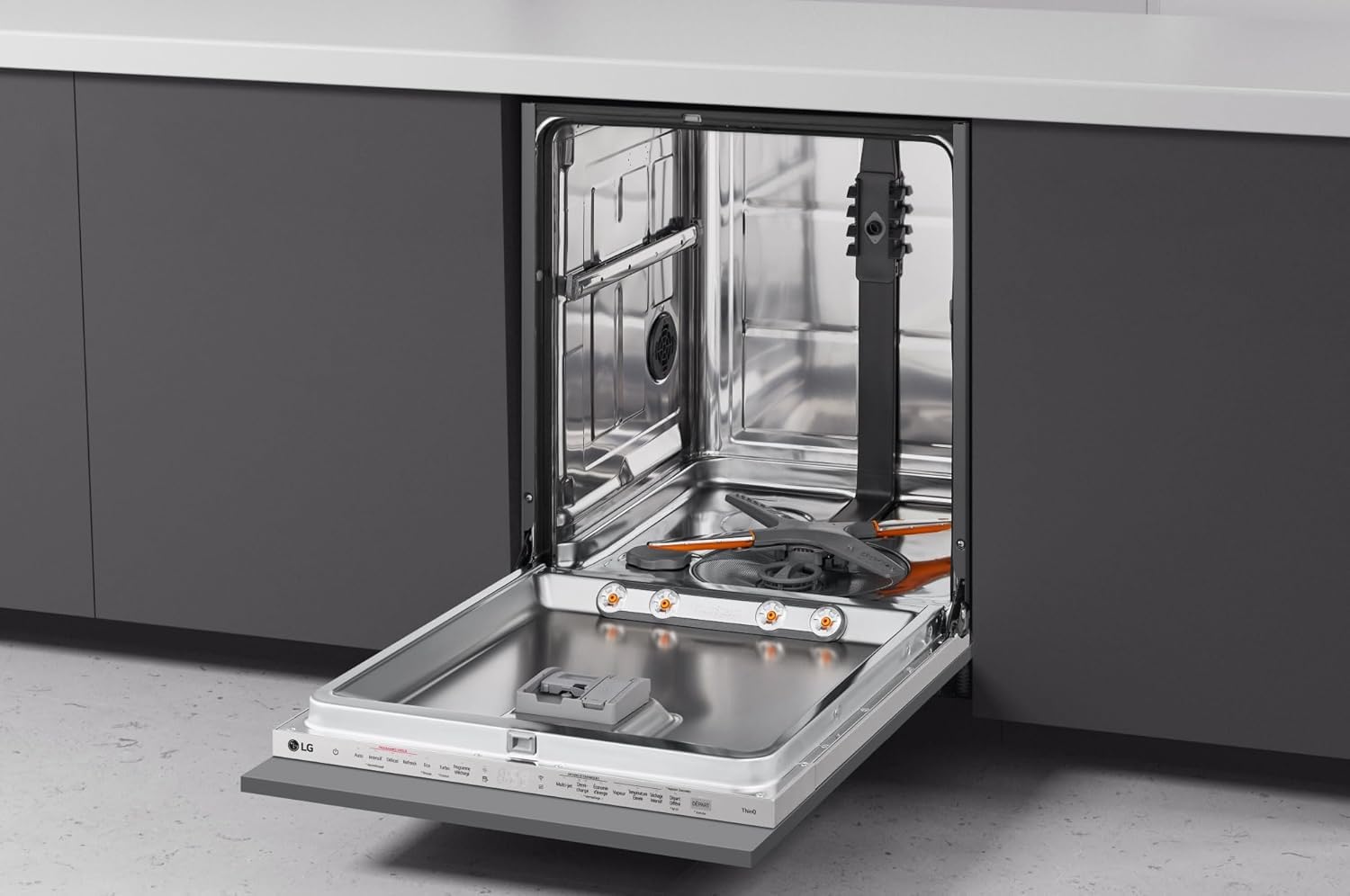 LG QuadWash DB365TXS Lavastoviglie da Incasso a Scomparsa Totale, Serie 3, Classe B, 14 coperti, 4 Bracci Irroratori, Vapore, Cerniere Sliding, Apertura Automatica, 3° Cestello, Wi-Fi, Acciaio