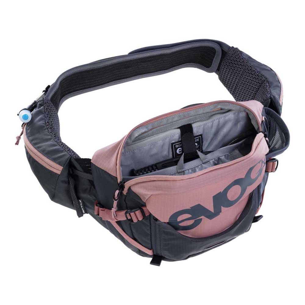 EVOC HIP PACK PRO 3 + HYDRATION BLADDER 1.5, saszetka biodrowa (AIR FLOW CONTACT SYSTEM, pas biodrowy AERO FLEX, w tym 1,5l bukłak i uchwyt na butelkę, One Size), Dusty Pink - Carbon Grey