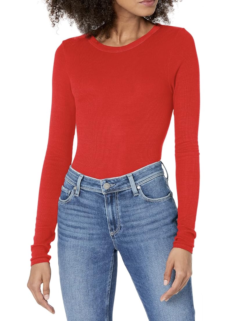 Enza Costa Women’s Stretch Silk Rib Fitted Long Sleeve Crew Neck Top