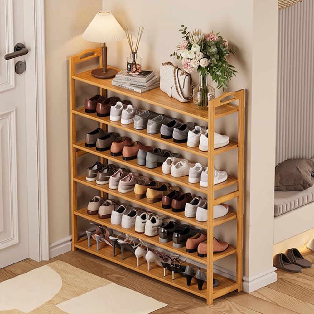 WYRNOBRX Vertical Shoe Rack - Tall Narrow Organizer 5 Tier Bamboo Shoen Shelf Skinny Shoe Organizer Space Saving Free Stackable for Entryway,Closet,Corner,Doorway,Natural,D/90