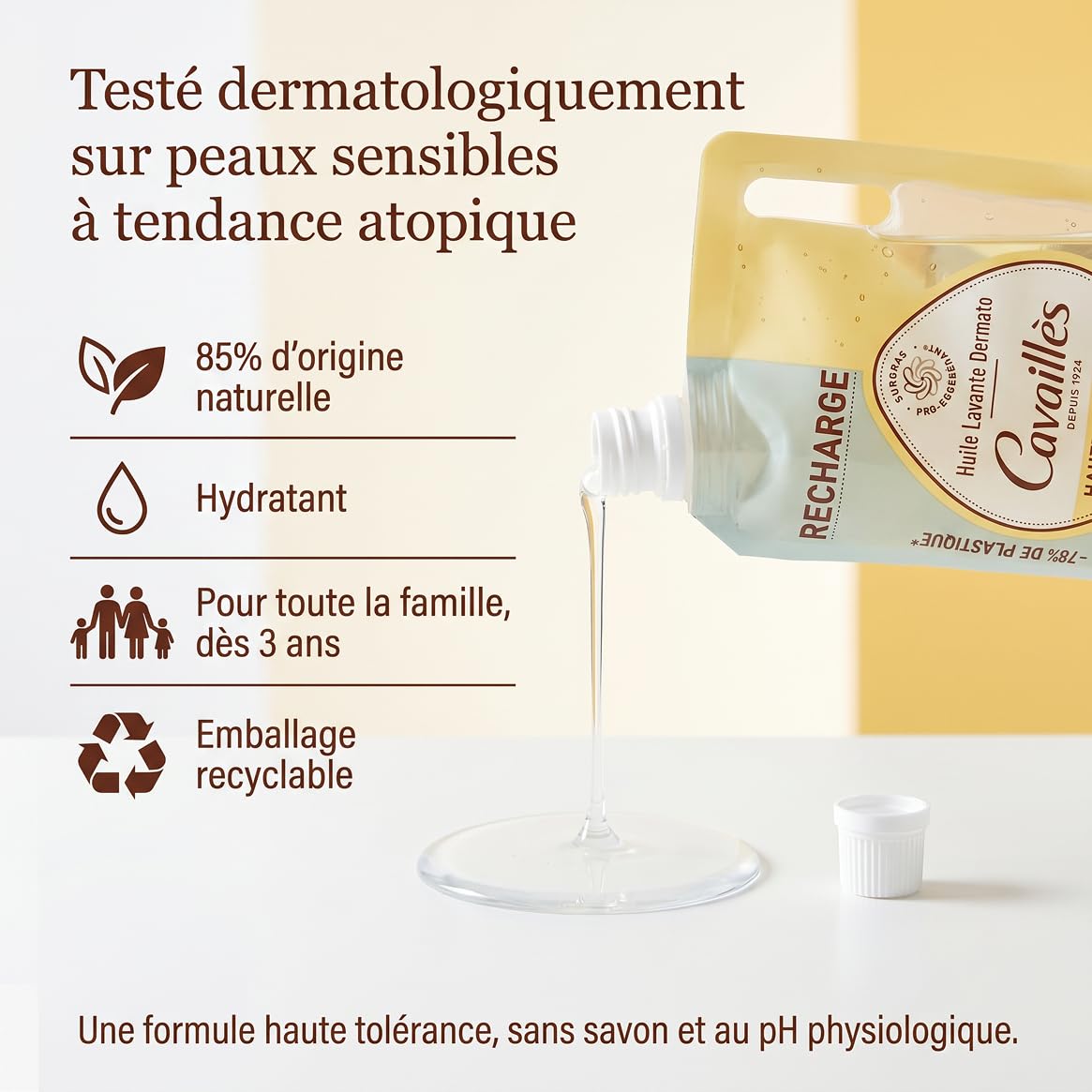 Cavaillès Recharge Huile Lavante Dermato Haute Tolérance Lot de 2x1L – Peaux Sensibles à Tendance Atopique – Surgras Végétal & Inuline – Sans Savon – Format Éco