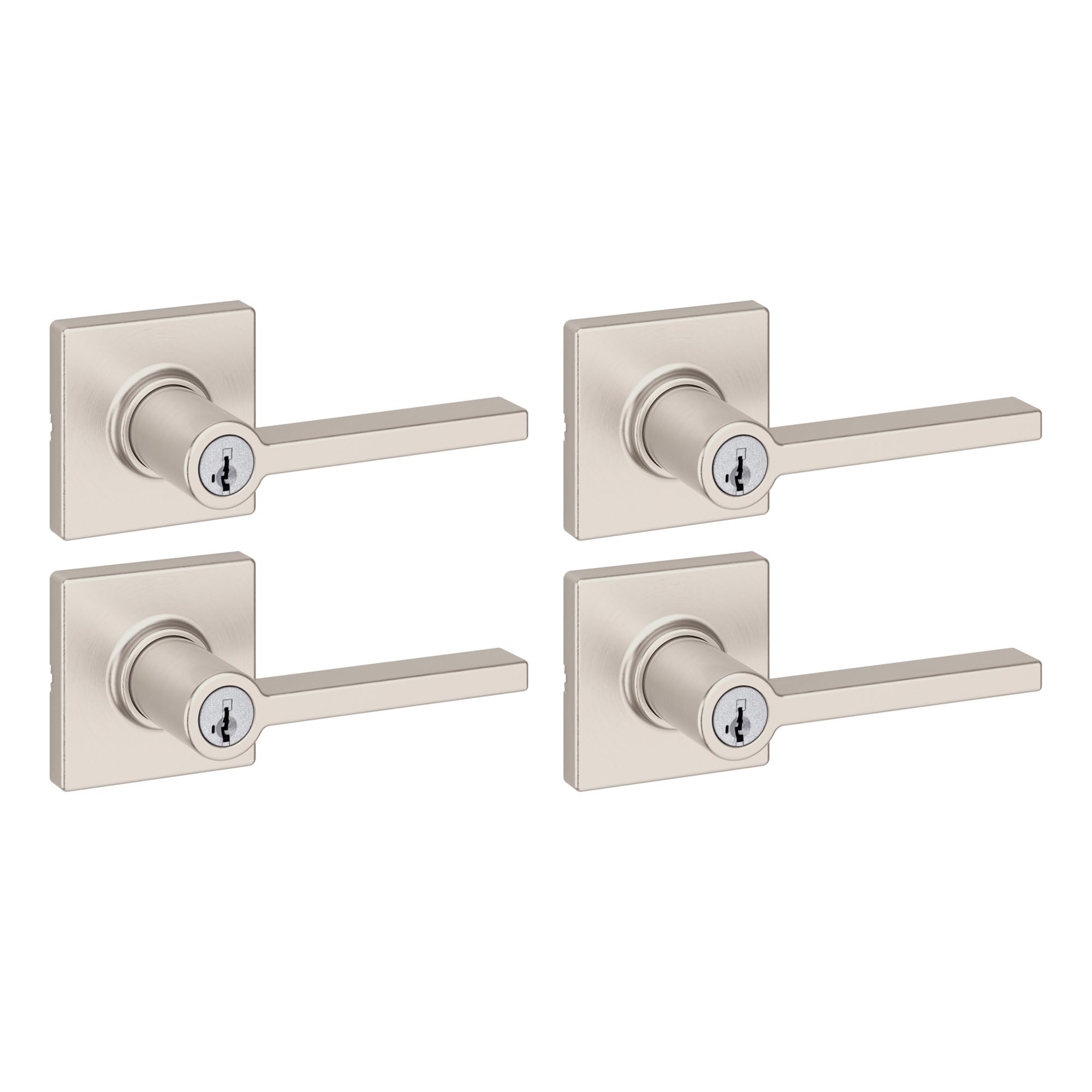 Kwikset Casey Entry Door Handle with Lock and Key, Secure Keyed Reversible Lever Exterior, for Front Entrance and Bedrooms, Satin Nickel, 4 Pack, Pick Resistant SmartKey Rekey Security and Microban