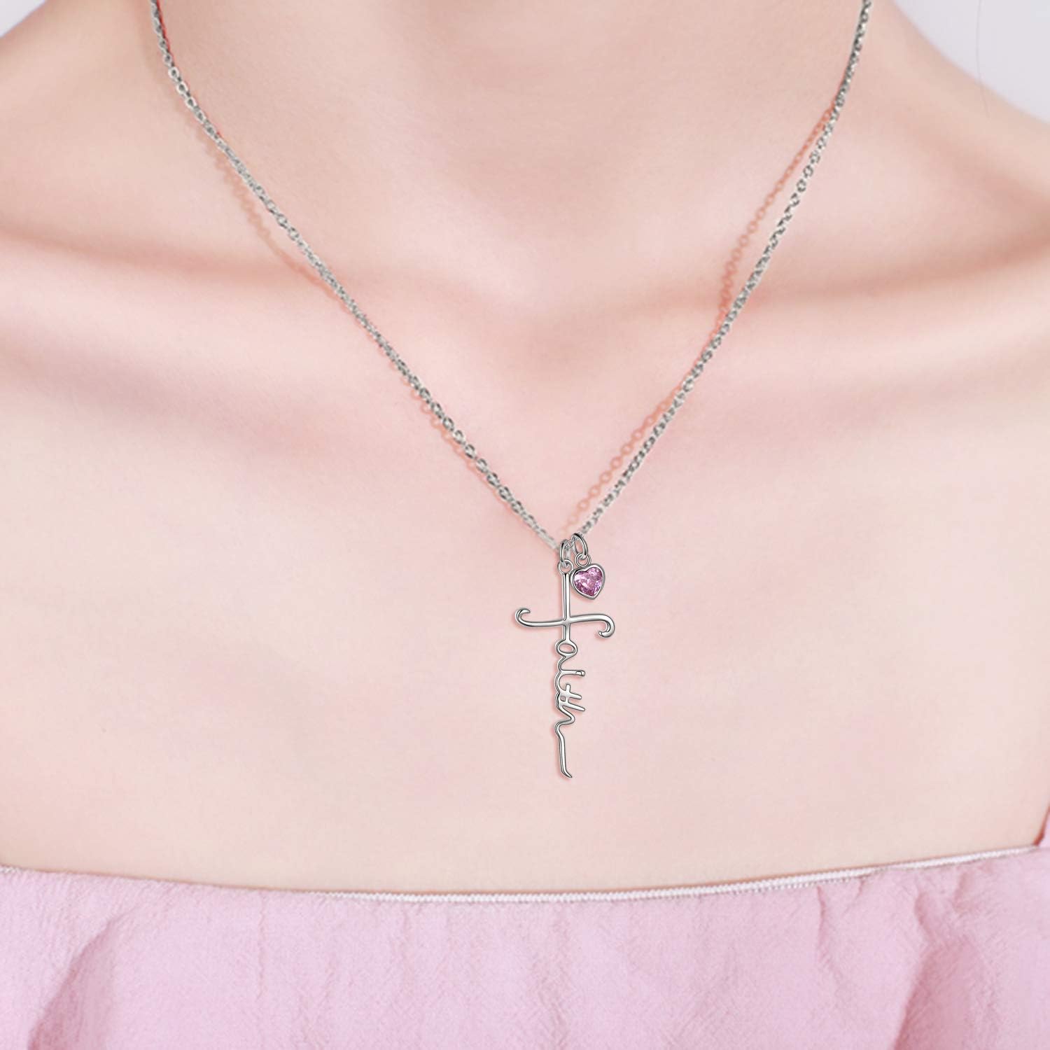 Faith Cross Necklace For Women Birthstone Sterling Silver with Simulated Birthstone Cross Jewelry Christian Gifts - Image 2