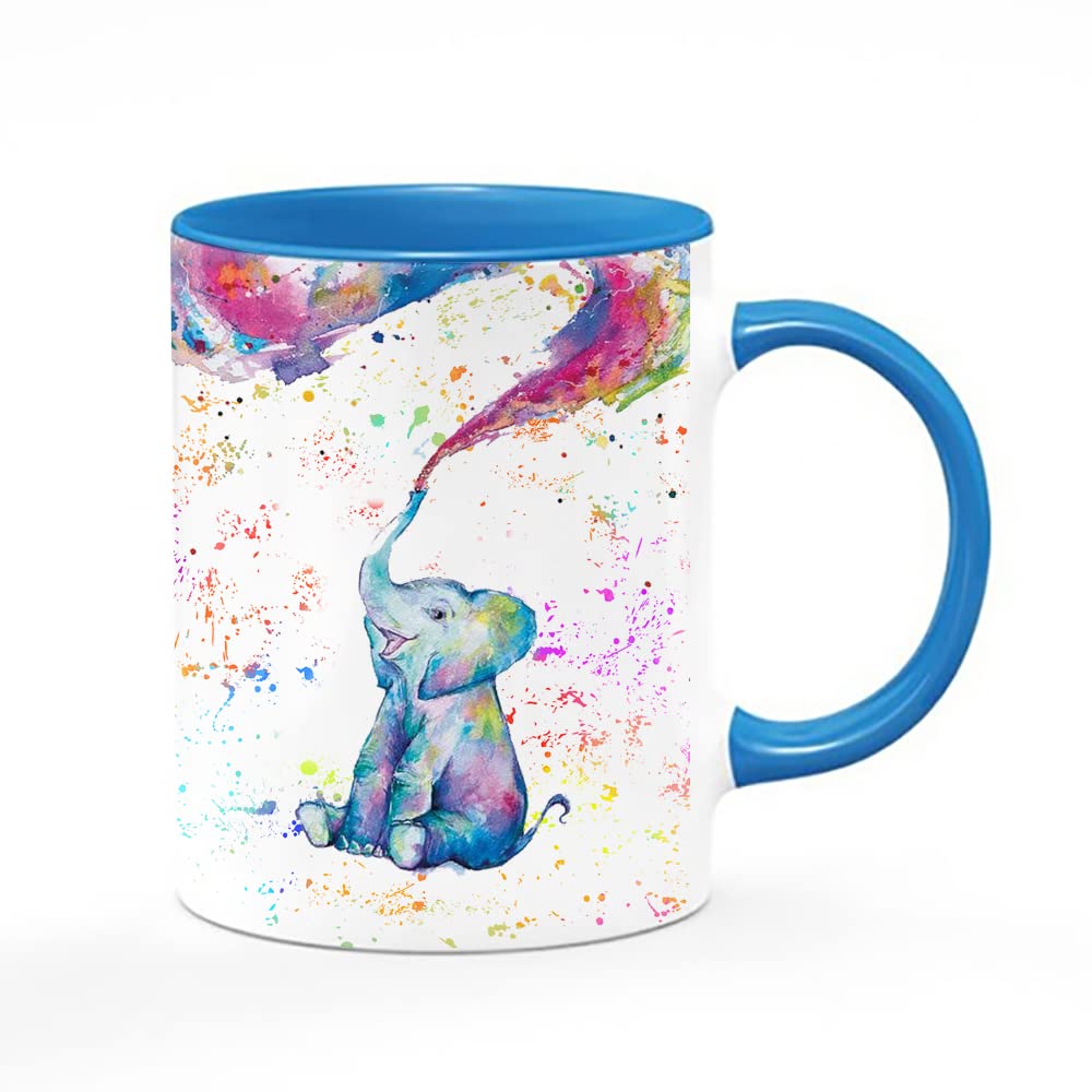 Getagift Cute Baby Elephant Design Water Colour Painting Rainbow Art Birthday, Christmas, Secret Santa Coffee Tea Cocoa Soup Daily use Inside Coloured Ceramic Cup Mug. (Blue)