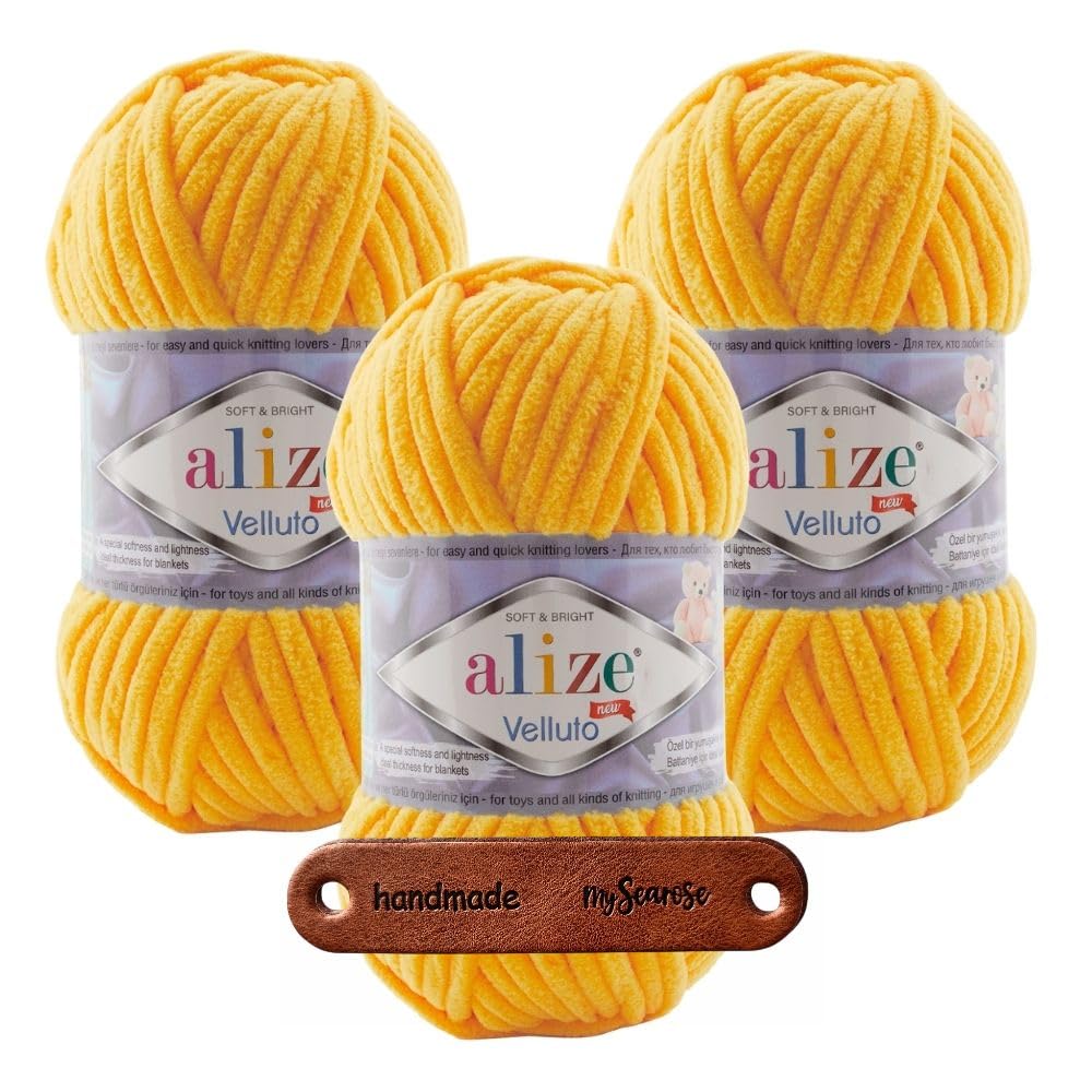 ALIZE Velluto 216 yellow Premium Wolle 3 x 100g Chenillegarn kuschelweich Amigurumi Plüschtiere Bulky Babywolle Filzwolle Babywolle mit mySearose Label