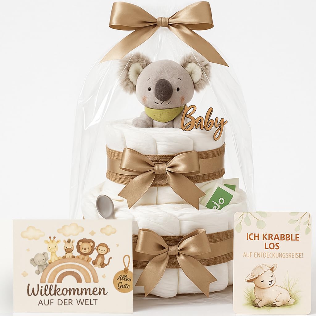 Windeltorte Mädchen & Junge mit Koala Greifling - Boho Vintage [Handmade] – Baby Geschenk zur Geburt mit Koala-Greifling, Premium Windeln & Bio-Tee – Windeltorte Neutral & für Babyparty