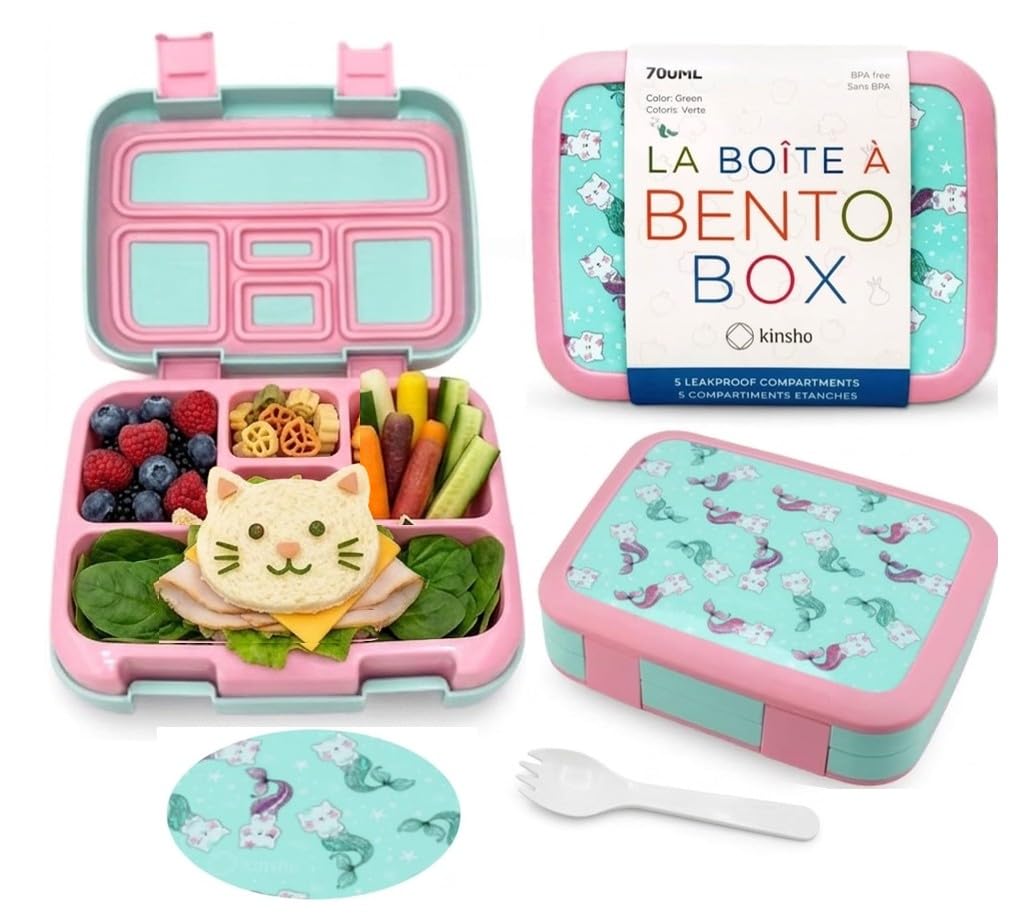kinsho Bento Lunch Box Container for Small Kids, Boys, (Aqua Cat Mermaid)