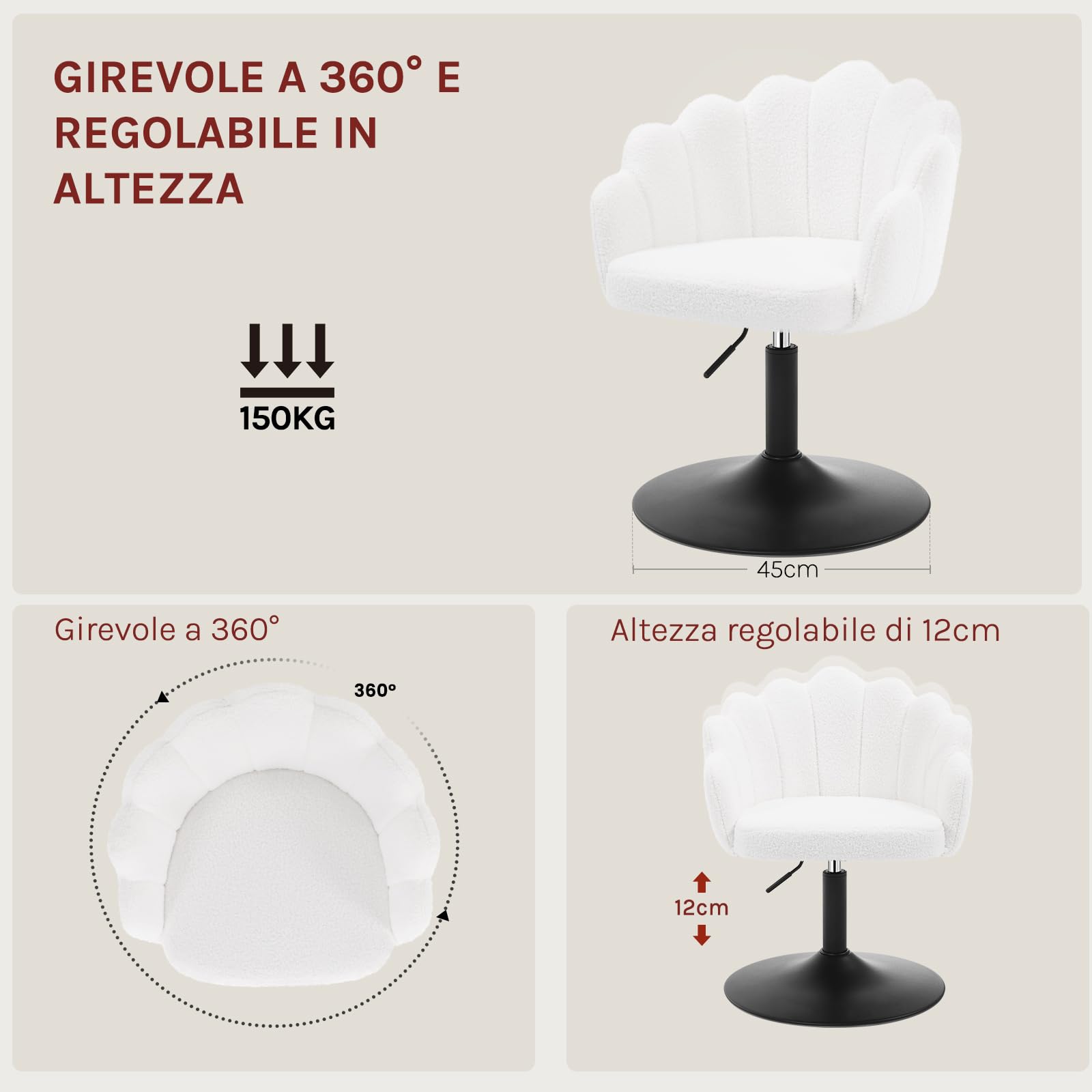 WOLTU Sedia da Trucco, Poltrona Girevole in Tessuto Bouclé, Sgabello da Trucco Regolabile in Altezza per Camera da Letto, Soggiorno, Bianco