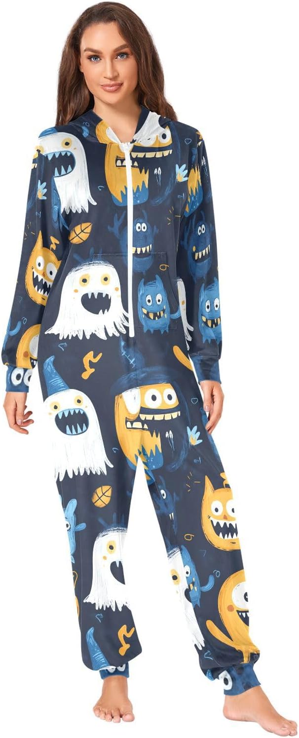 Halloween Doodle Monsters Zipper Hooded Adult Jumpsuit Pajamas with Pockets XS-3XL