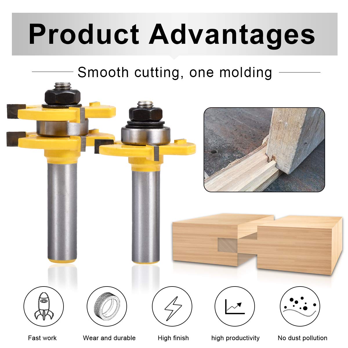 HOHXEN 2 Pcs/Set Tongue and Groove Router Bit Set, 1/2 Inch Shank Grooving Router Bit, 3 Teeth T-Shape Wood Milling Cutter - Image 3
