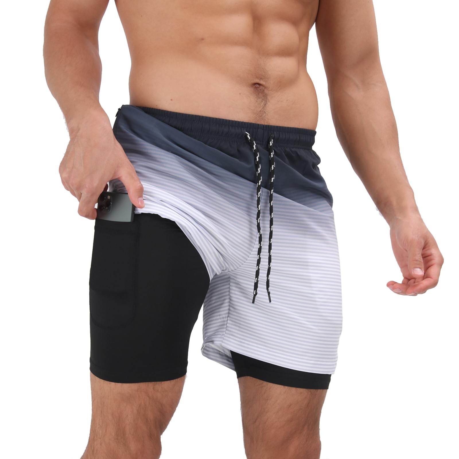HommyFineMens Swim Trunks with Compression Liner 2 in 1 Quick Dry Beach Swimming Trunks Swim Shorts with Zipper Pockets