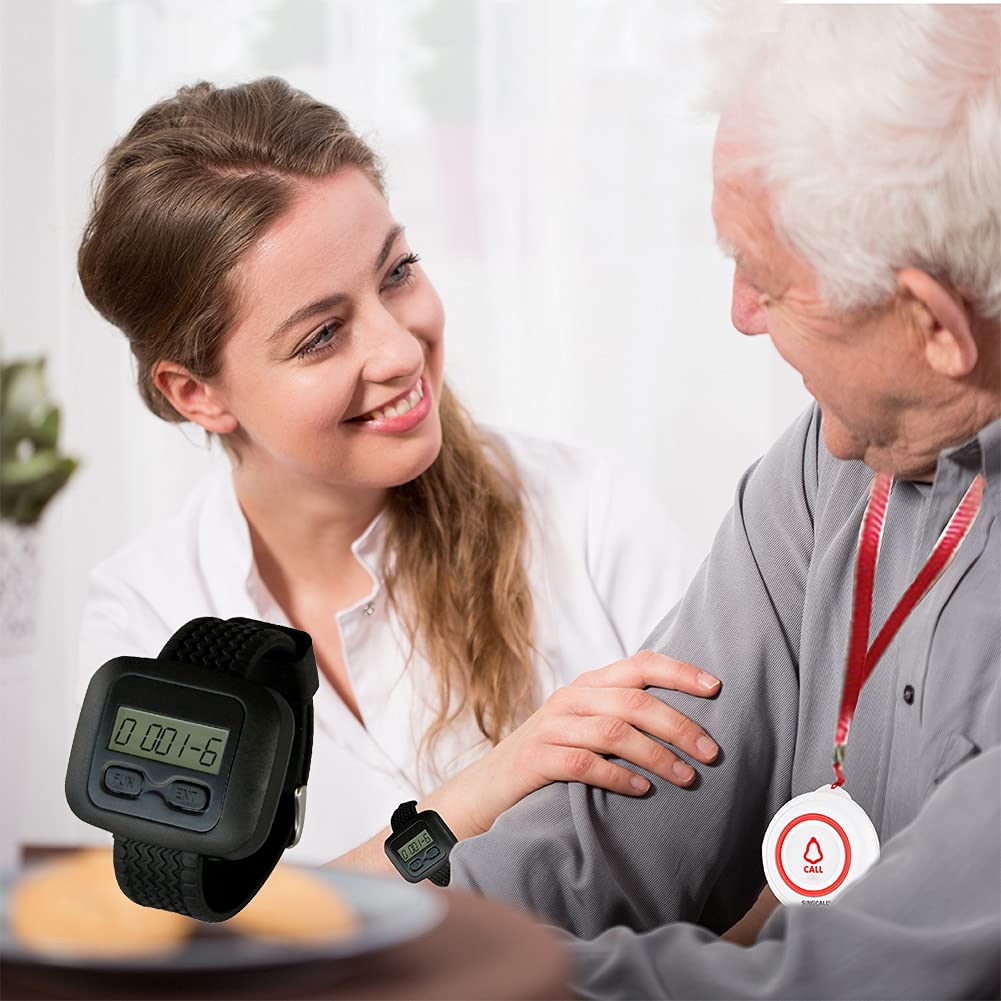 SINGCALL Botón de Llamada Inalámbrica SOS del Buscapersonas del Cuidador System de Alerta de Enfermería para Ancianos / Pacientes / Discapacitados 1 Receptor Móvil 2 Botones de Llamada