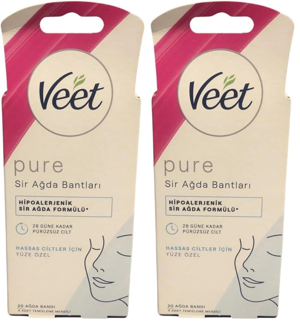 Veet Pure Hipoalerjenik Yüz için Parfümsüz Sir Ağda Bandı (1 x 20 Adet) (2 paketi)