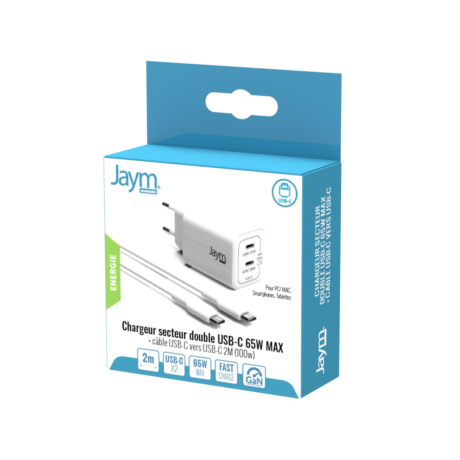Jaym - Cargador de corriente GaN 65 W + cable USB-C 2 m 100 W Dual USB-C de carga rápida PD PPS para MacBook Pro, iPad, PC portátil, iPhone 17/16, Samsung S26/S25
