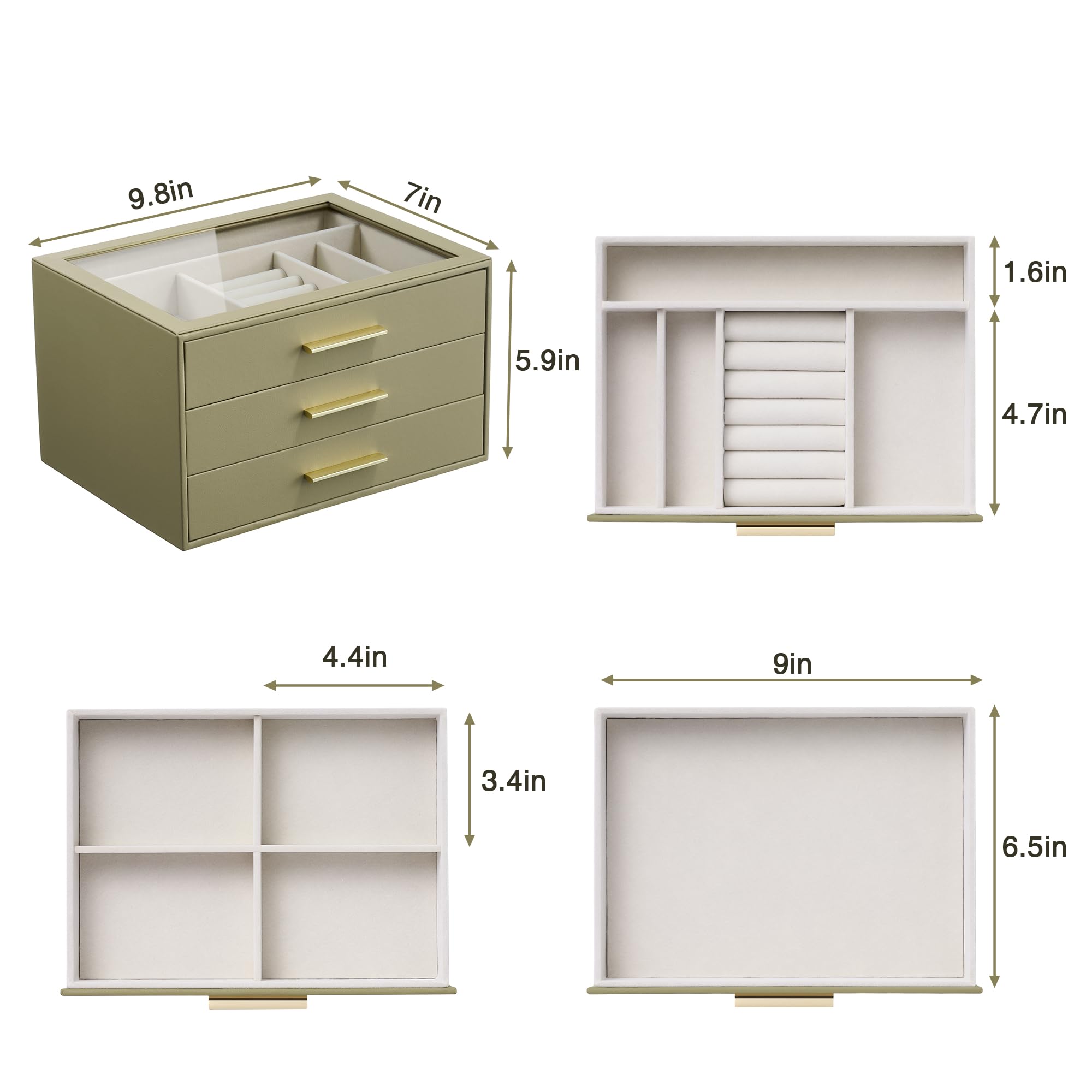 Boîte à bijoux de rangement, 3 couches avec fenêtre en verre, vert
