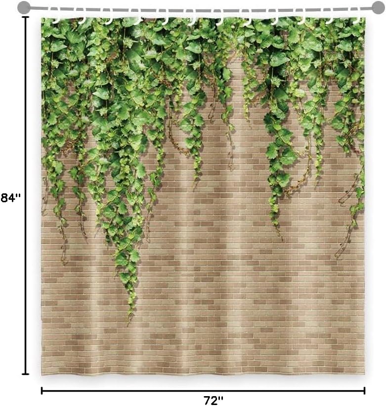 OERJU 72x84inch Green Leaf Shower Curtain Light Brown Brick Walls Lush Botanical Plant Spring Farmhouse Theme Waterproof Fabric Curtain for Bathroom Bedroom Dressing Room Luxury Hotel with Hooks