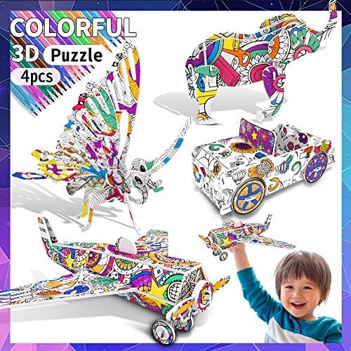 3D Coloring Puzzle Set, 4 Pack Puzzles with 10 Pen Markers, Art Coloring Painting 3D Puzzle for Kids Age 7 8 9 10 11 12. Fun Creative DIY Toys Gift for Girls and Boy