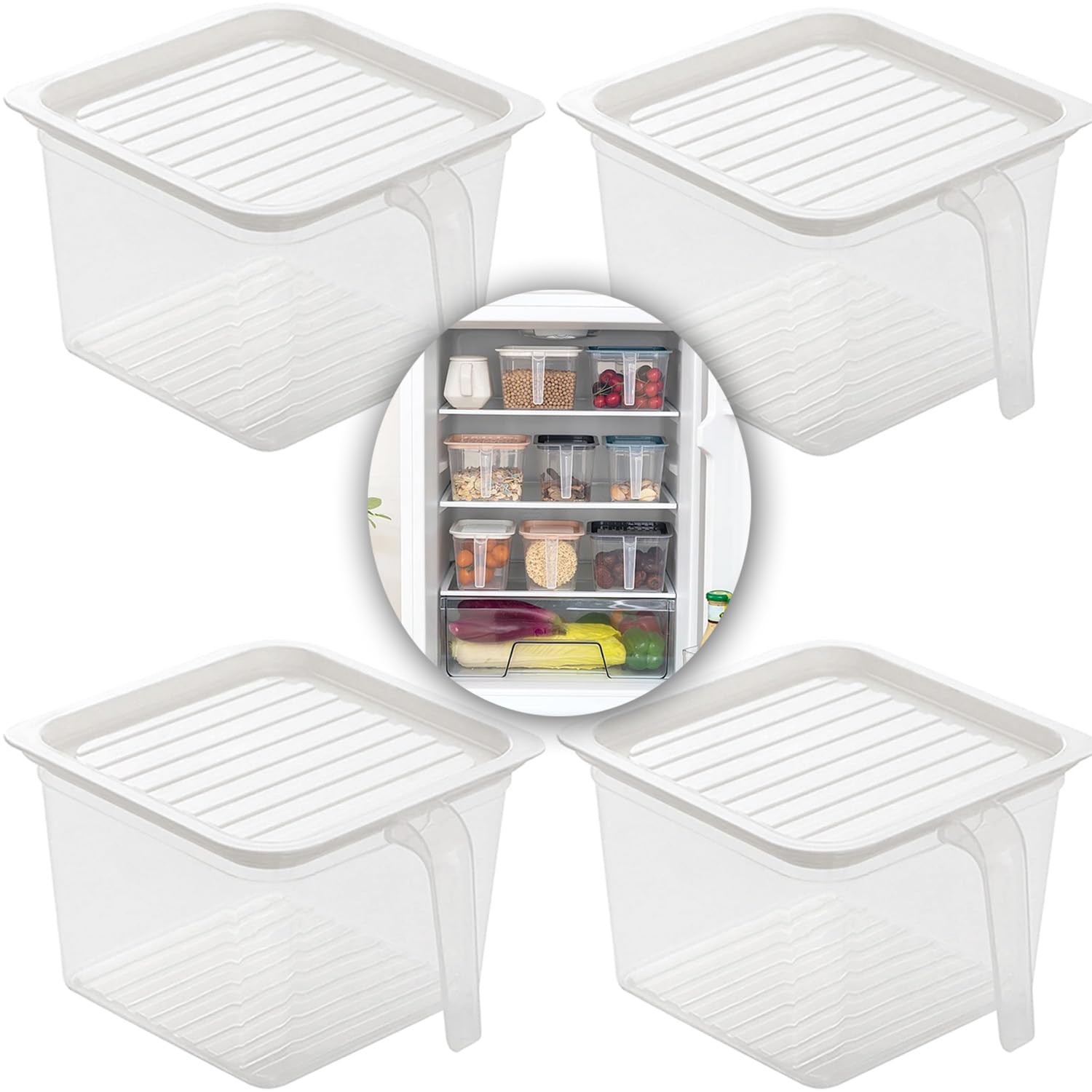 Premify 4 Packs Small Storage Box with Lid Plastic Stackable Storage Boxes Refrigerator Kitchen Organizer Keeper, Food Storage Container Bins