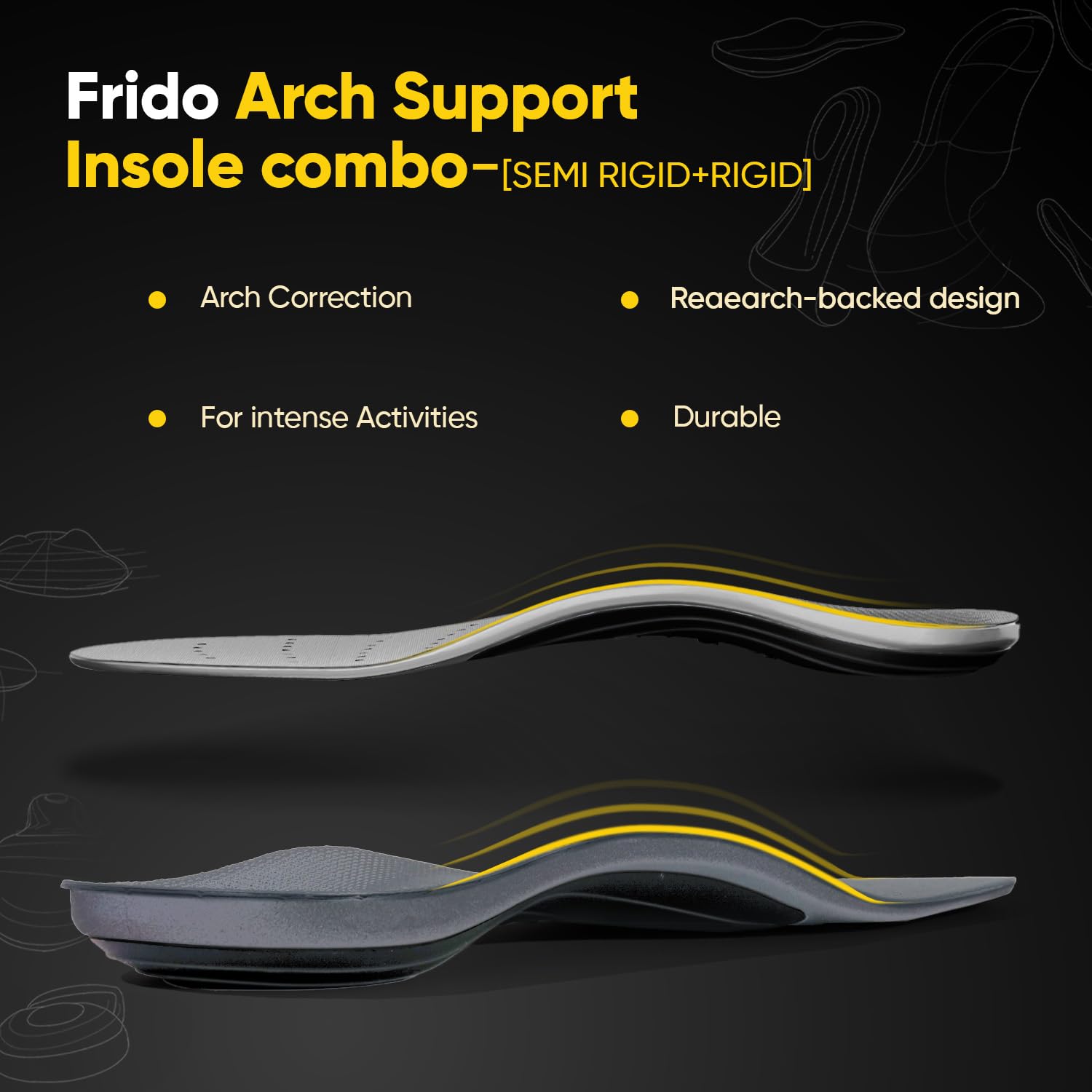 Frido Rigid & Semi Rigid Arch Support Insole for Flat Feet | Relieves Feet Pain | Plantar Fasciitis & Heel Spurs | Orthotic Inserts for Stability | Trimmable Shoe Inserts | Large 9-11 UK | Pack of 2 1
