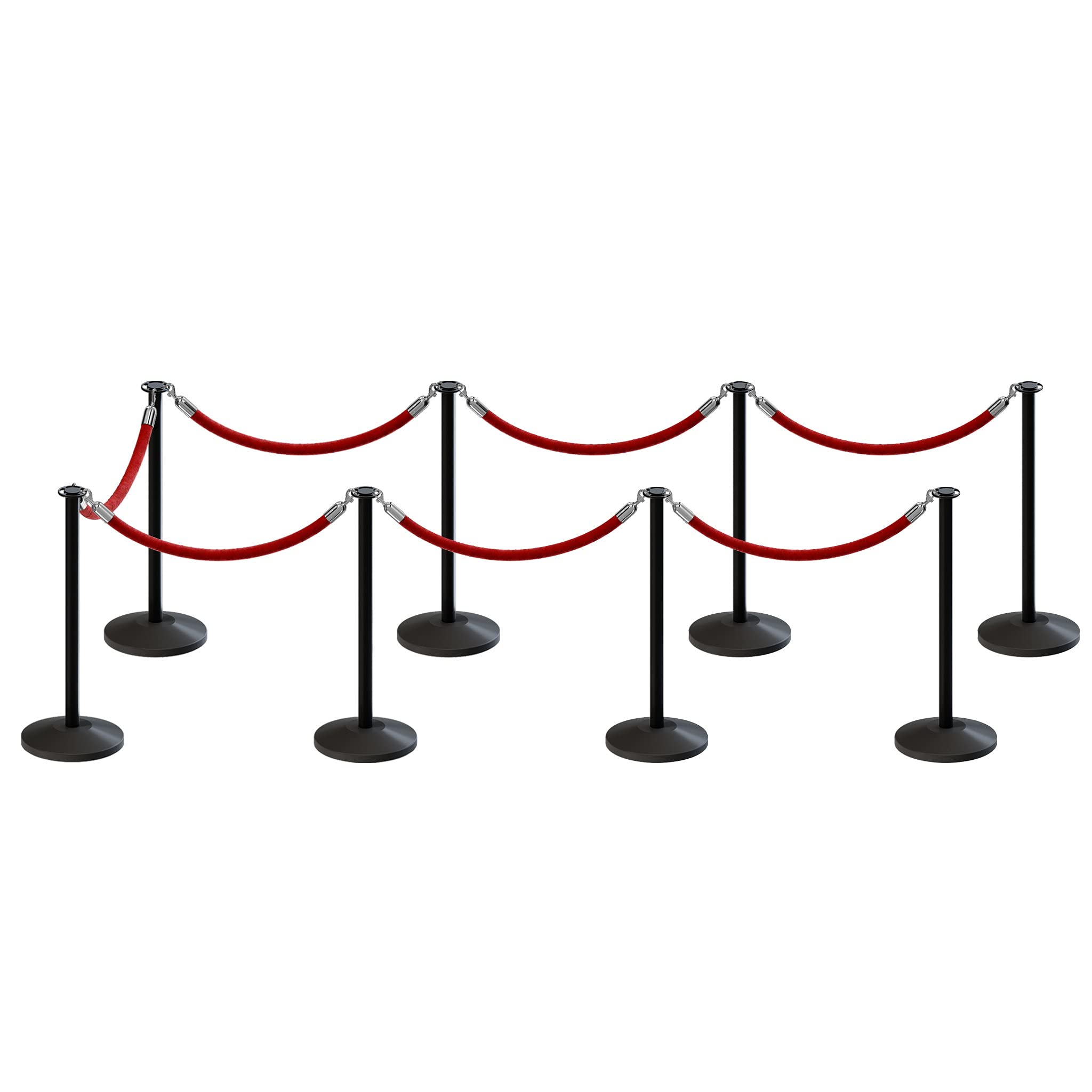 CCW Post and Rope Stanchion Kit with 8 Black Flat Top Posts and 7 Red Heavy Duty Velvet Cotton Core Ropes (6ft.Each) in Polished Stainless Snap Ends