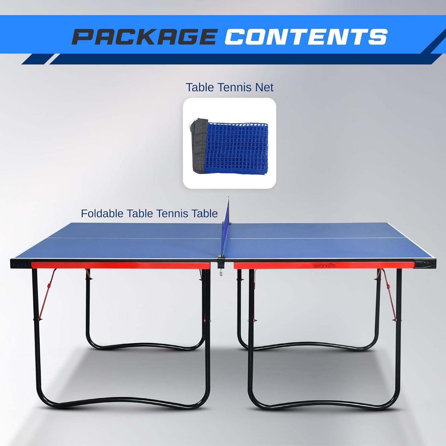 SereneLife Midsize Portable Ping Pong Table Set with Net, Clipper, Post - 6' x 3' Składany Space-Saving Design, Niebieski