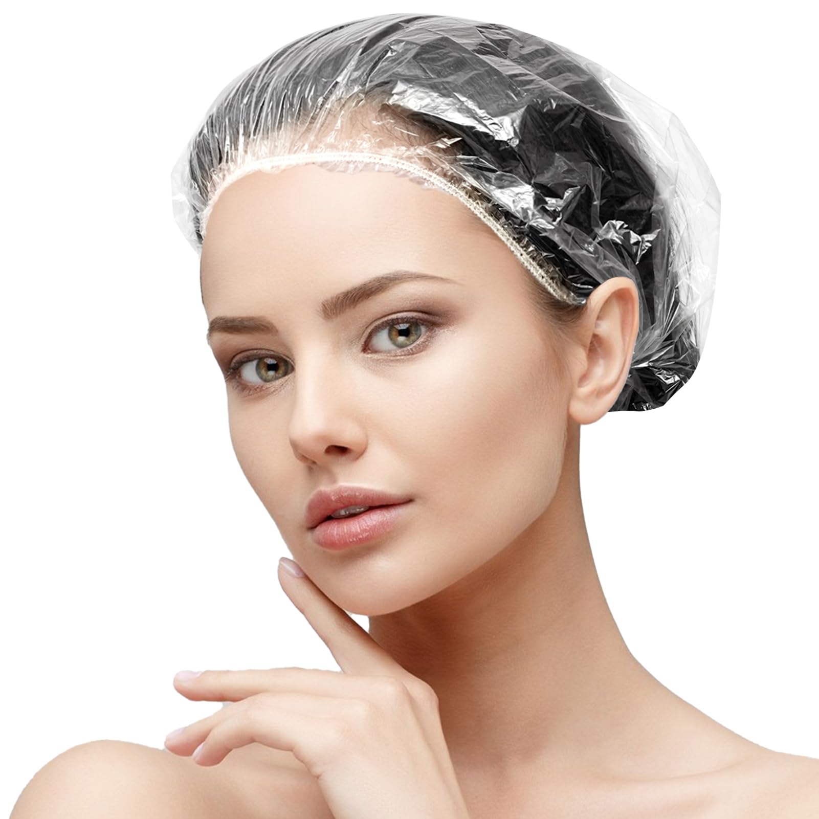 AIDIQIU 50 gorros de ducha desechables más grandes, gorro de baño grueso de plástico transparente y gorros impermeables para mujeres, hombres, niños, tratamiento capilar, spa, hotel y cabello solon