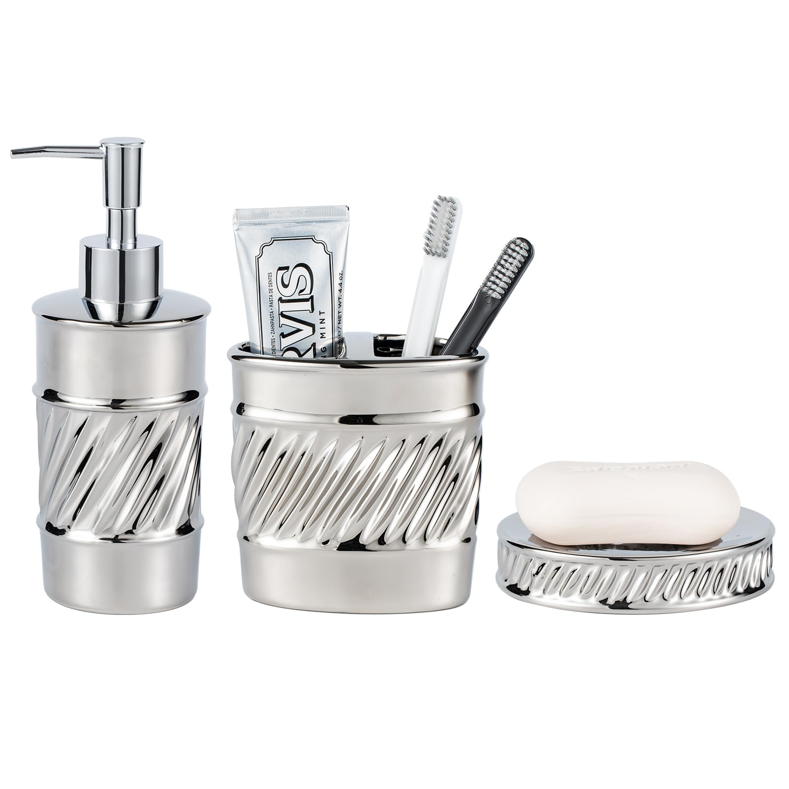 Juego de accesorios de baño de cerámica de 3 piezas, dispensador de jabón, soporte para cepillo de dientes y jabonera con diseño moderno en relieve de ondas para juego de accesorios de baño (plateado)