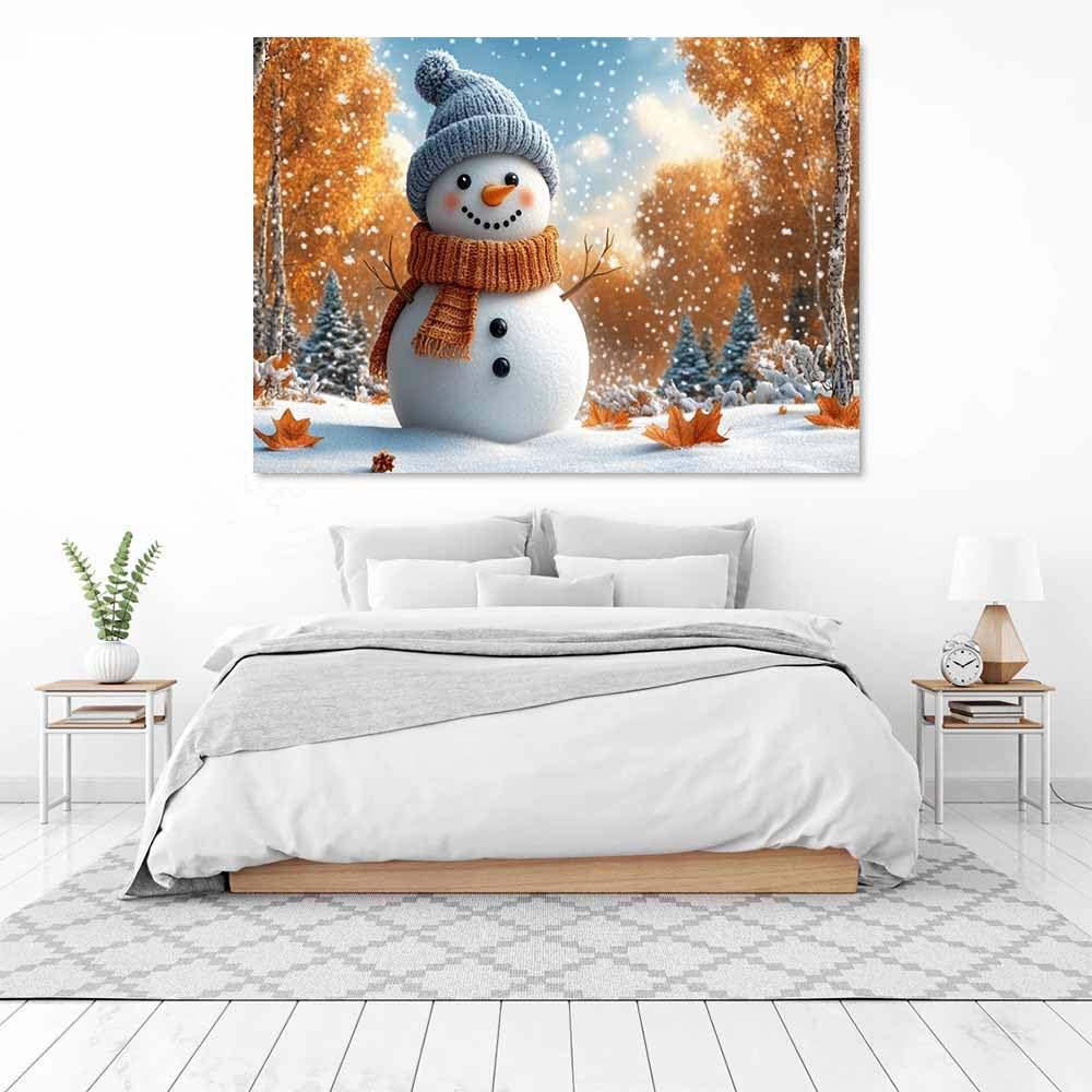 QUSAAOU Bilder Auf Leinwand Schneemann mit orangefarbenem Schal im Herbst Moderne Wandkunst In Schlafzimmern,Badezimmern Und Wohnzimmerfluren – Kunst – Natur(Orange)-30x45cm Gerahmt