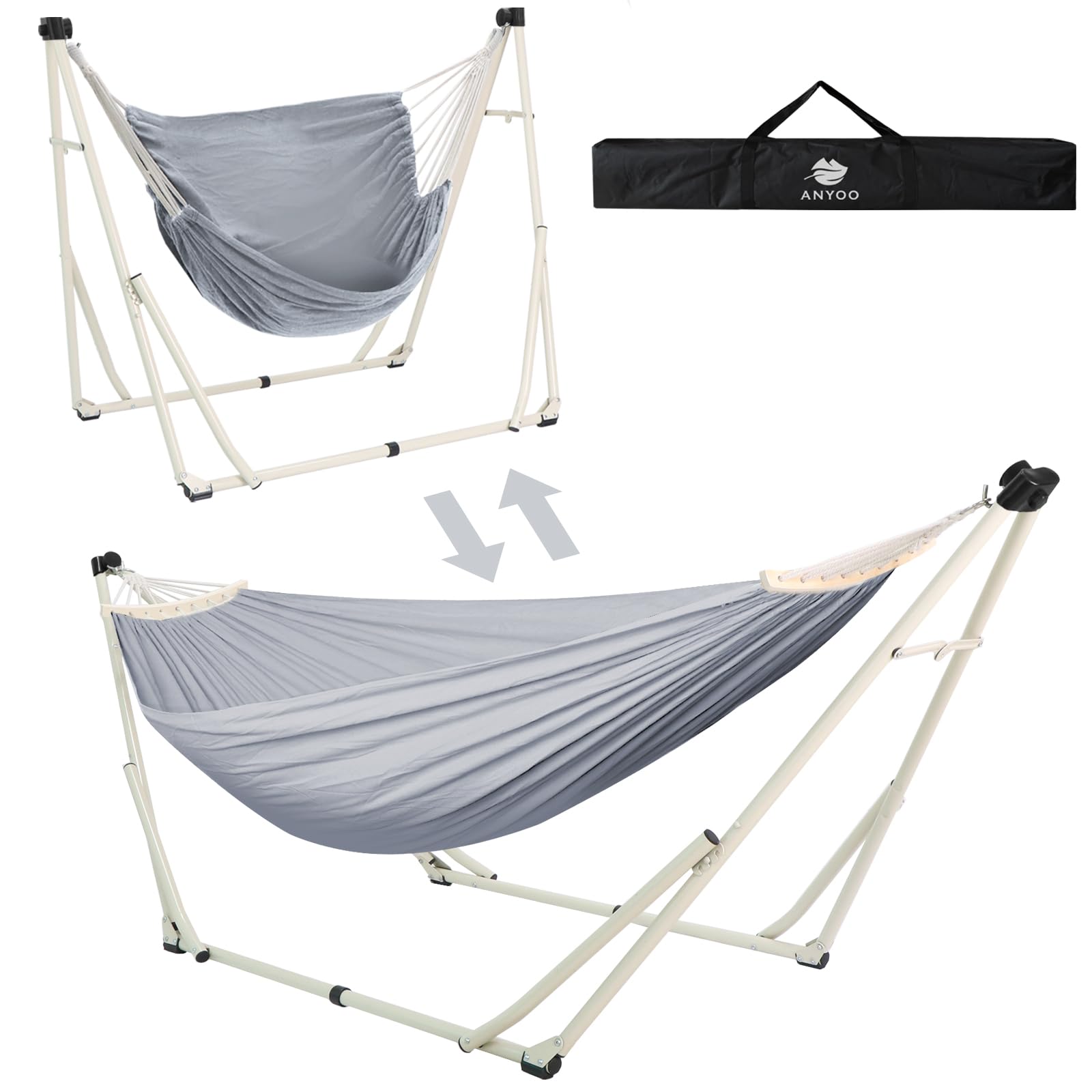 Anyoo 2 in 1 Hammock and Swinging Chair with Collapsible Steel Stand & Carrying Case,Portable & Adjustable,Easy Set Up for Outdoor,Indoor,Porch Swing,Patio,Garden,Camping Trip
