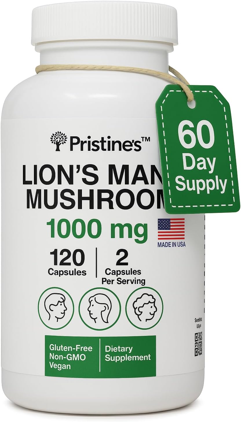 PRISTINE’S Lion’s Mane Mushroom Supplement Capsules – Focus & Cognitive Function Adaptogen – 1000mg 60 Day Supply – Immunity, Memory and Focus for Adults – Vegan – Non-GMO
