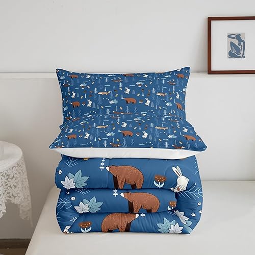 Miniatura 6 de Juego de edredón de oso tamaño individual, juego de ropa de cama de animales de dibujos animados azul marino para niños, lindo juego de edredón de