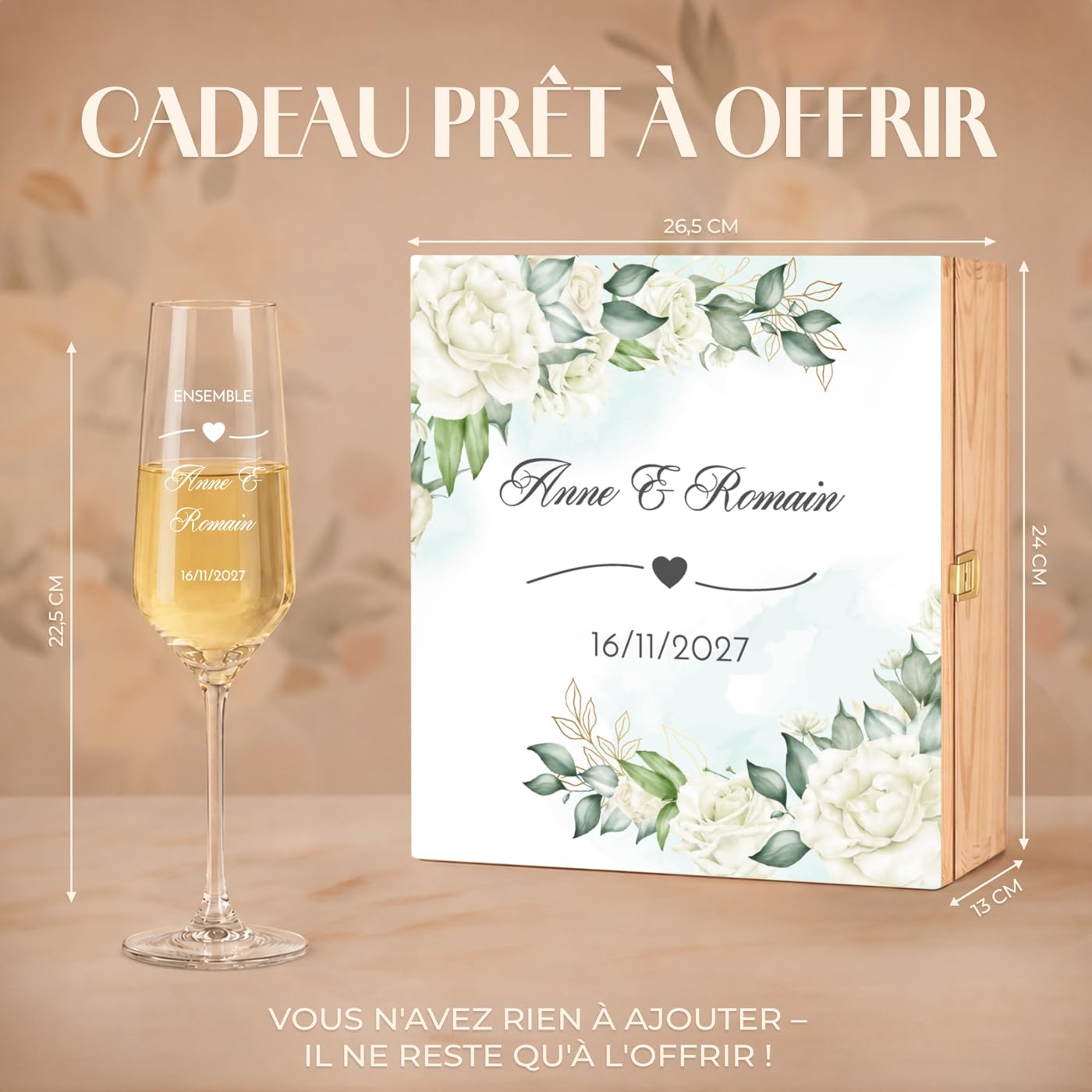 Maverton Flûtes à Champagne 200ml avec Boite Personnalisable – 2x Flute Champagne Verre Personnalisé avec Coffret en bois - Cadeau Couple Personnalisé - Cadeau Mariage Original - style bohème