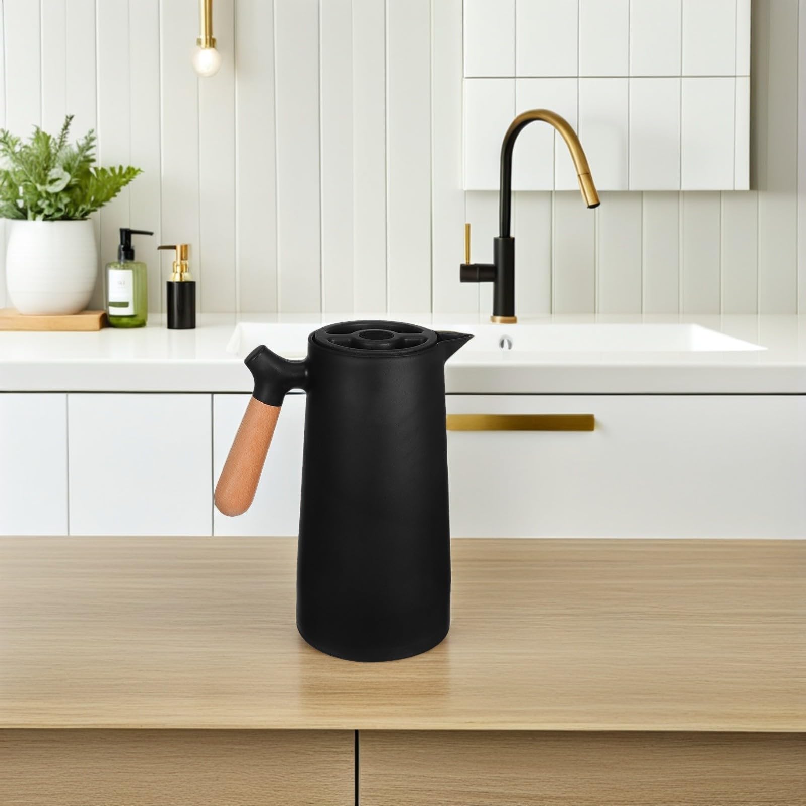 Botella Térmica Aislada de 1l Interior de Vidrio y Exterior de Plástico y Madera, Saludable y Segura, Adecuado para Uso en Casa y Viajes
