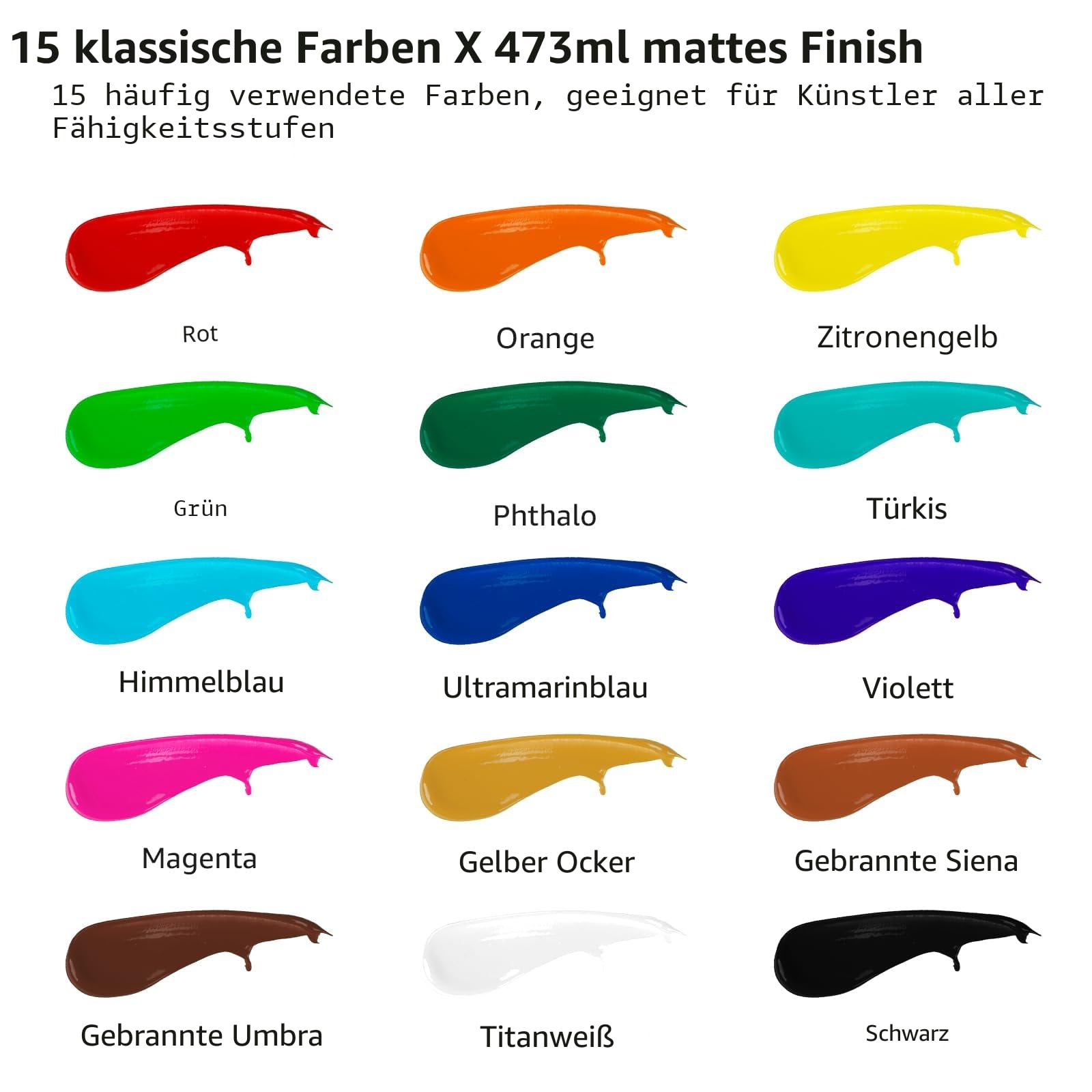ABEIER Acrylfarben Set je 473 ml x15, Matte Finish, ungiftig, Malerei auf Leinwand, Kunsthandwerk, Holz, Keramik, ideal für Anfänger und Studenten, schnell trocknend, wasserfest und lichtecht