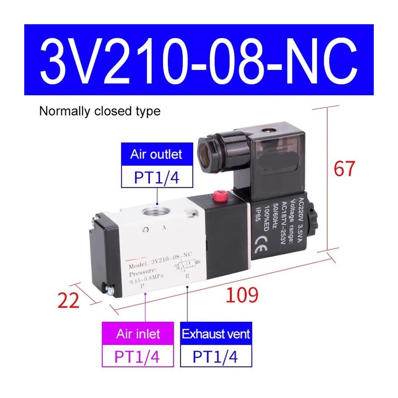 Electroválvula neumática de 3/2 vías 3V110-06, 3V210-08 y 3V310-10, válvula direccional de Control de Aire, 12, 24, 110 y 220 V(3V210-08-NC,AC 110V)