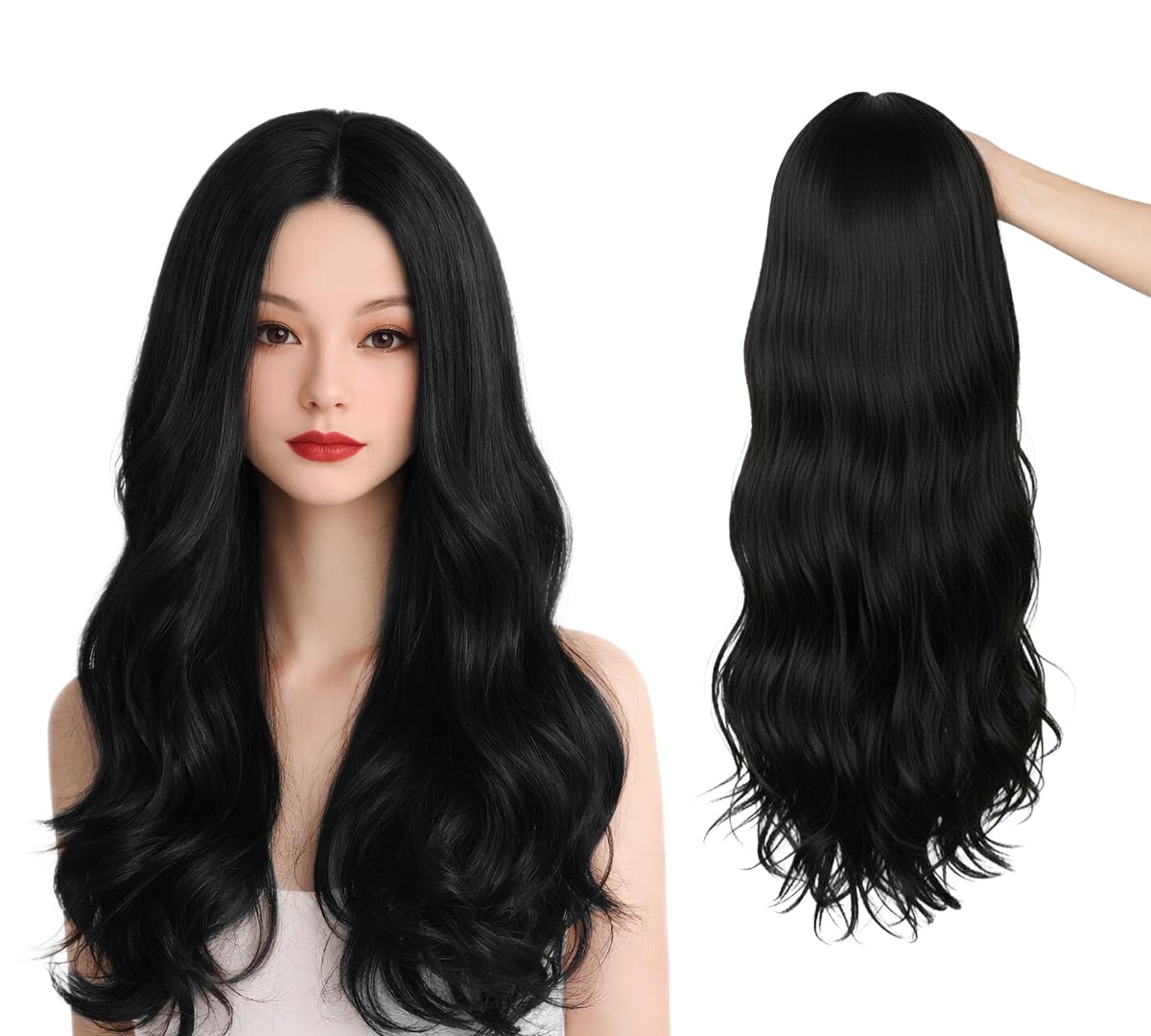 AHS Hair Wig for Women’s Curly Wavy Synthetic Wig 24” Natural Look Full Head Hair Wig Middle Part Black Perfect for Party Wedding Casual Wear with Comfortable Net Cap (Black)