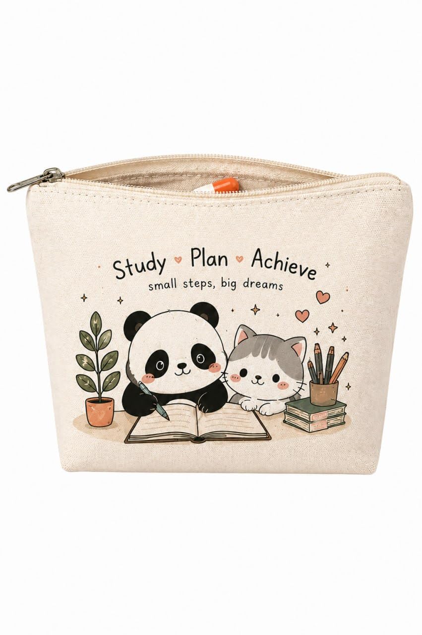 Pristu Cute Panda & Cat Printed Canvas Zipper Pouch for Women & Girls | Multipurpose Makeup Bag, Cosmetic Organizer, Pencil Case, Toiletry Storage Bag for Travel, School & Daily Use-image-20
