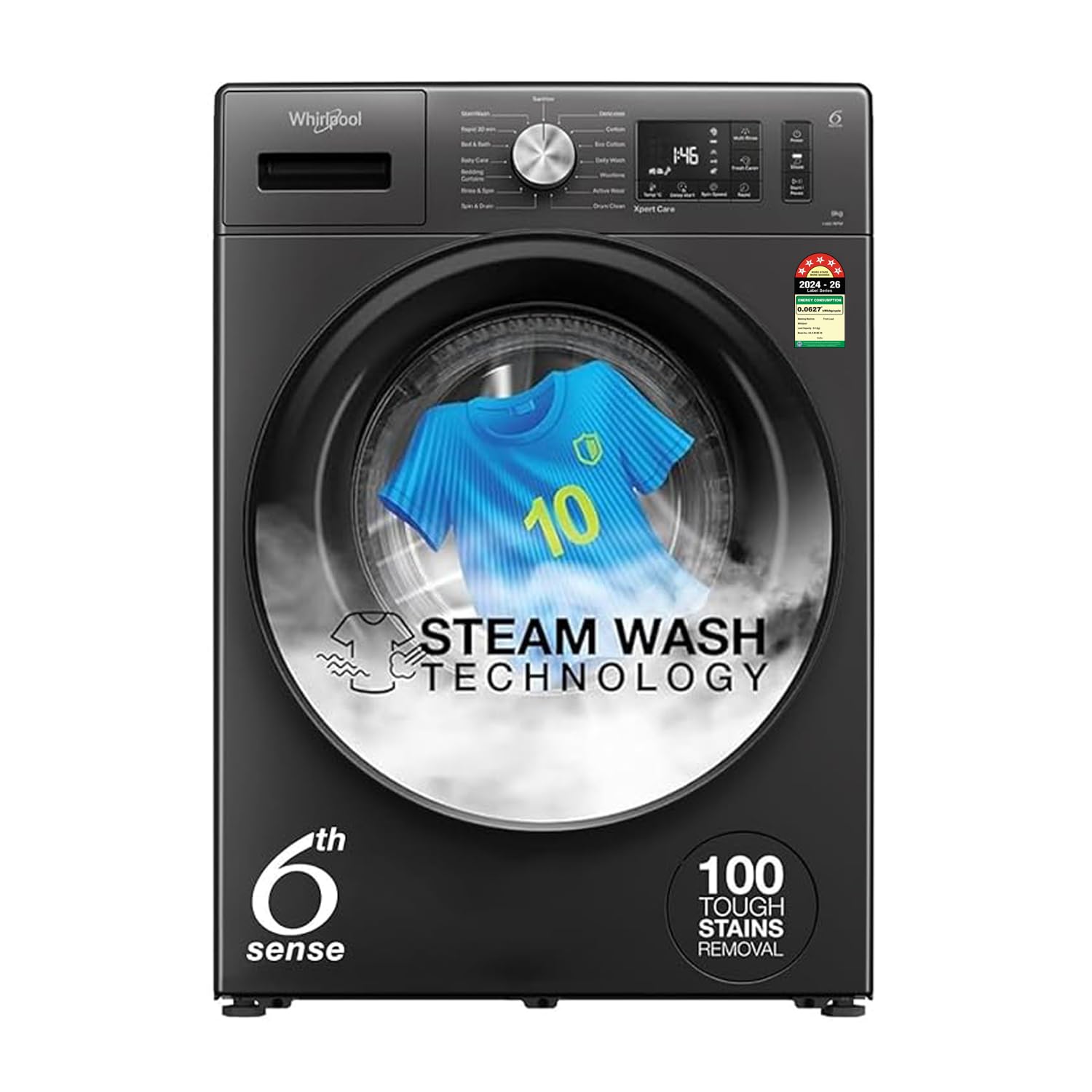 Whirlpool 8 Kg 5 Star Inverter Supreme Care Front Load Fully Automatic Washing Machine with In-Built Heater (XS8014BWME, MidNight Grey, Steam Technology, 100+ Tough Stains, 6th Sense Soft Move)