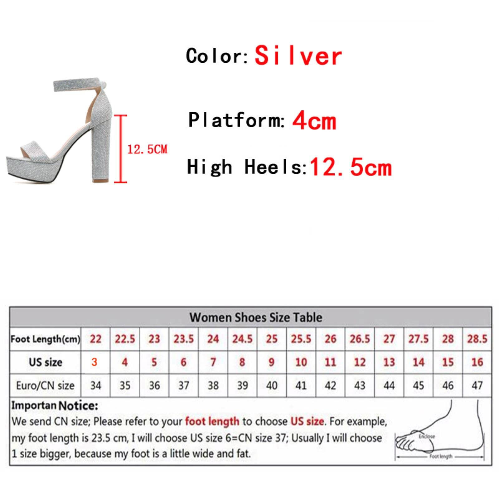 DSAI Sandali con plateau in argento con strass, punta aperta e cinturino alla caviglia, con tacco quadrato, scarpe da sposa da donna, colore argento, 35